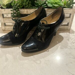 AK Anne Klein patent leather & suede booties
